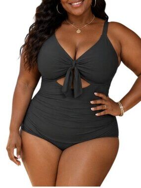 Aqua Eve Plus Size 16W Swimsuit One-Piece Black Tummy Control Tie Knot V-Neck